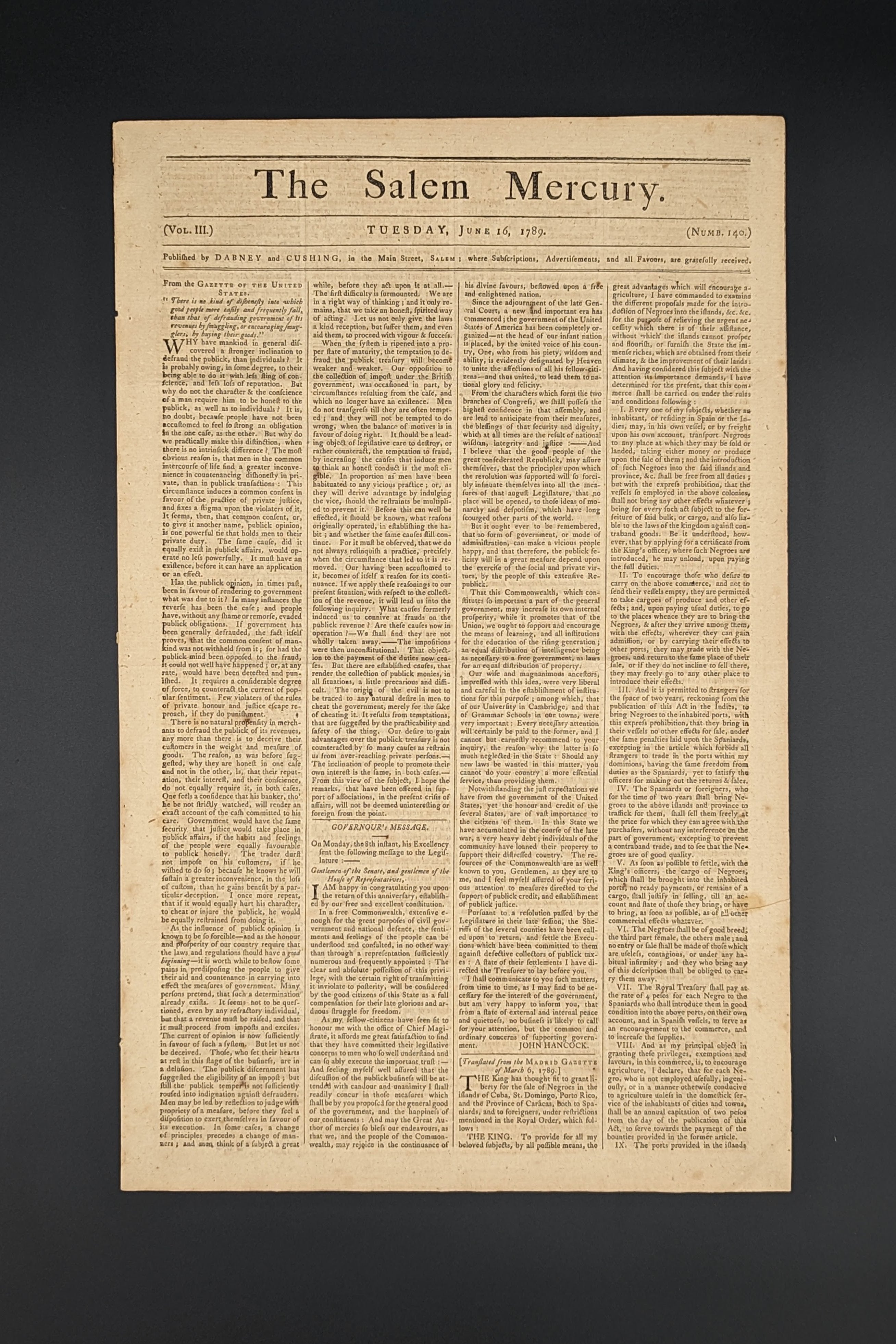 Bill of Rights Discussions | Salem Mercury, June 16, 1789