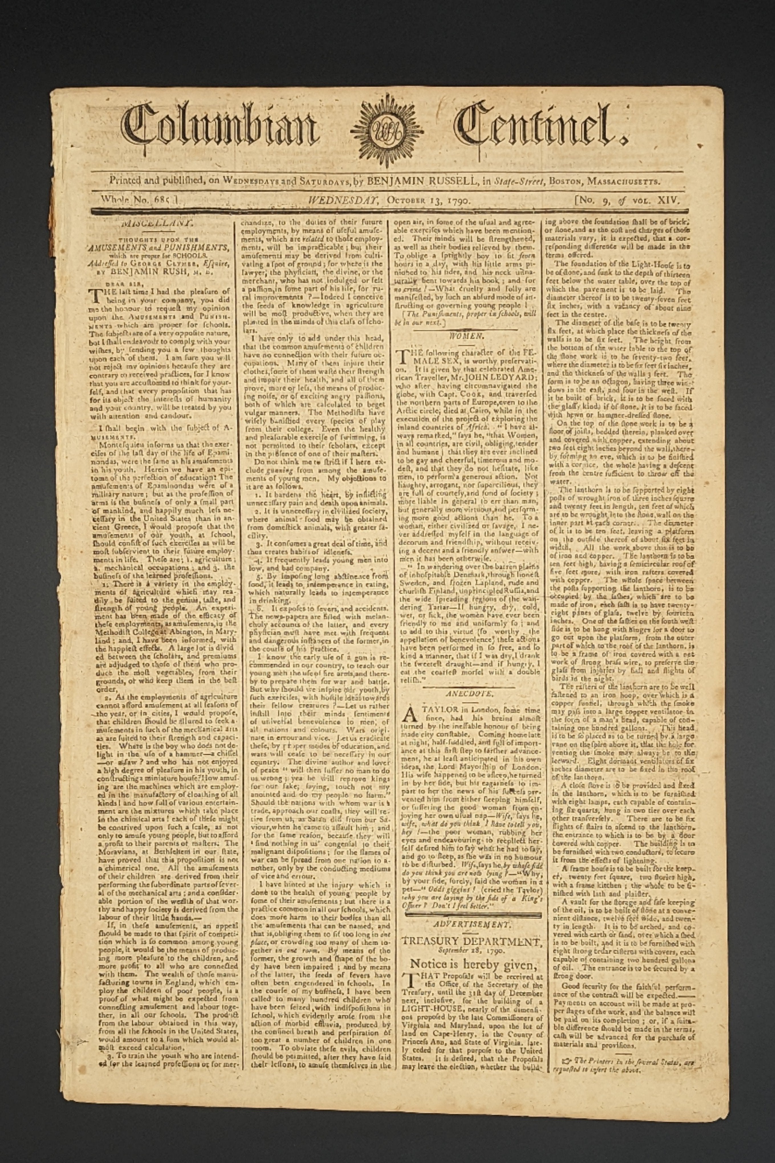 Cape Henry Lighthouse | Columbian Centinel, October 13, 1790